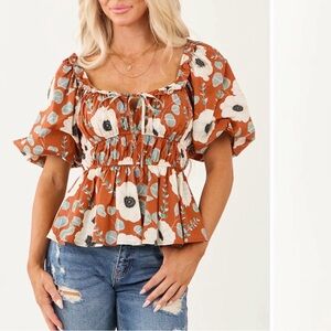 ENTRO Tawny Floral Smocked Waist Cotton Top Size M Neck Tie